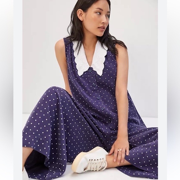 Maeve | Anthropologie Wide-Leg Jumpsuit Polka Dot Size Large - Picture 2 of 11